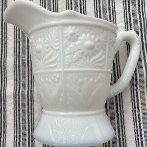 Vintage White Milk Glass Pitcher Creamer, Pressed Glass Design Sunflowers Lilly